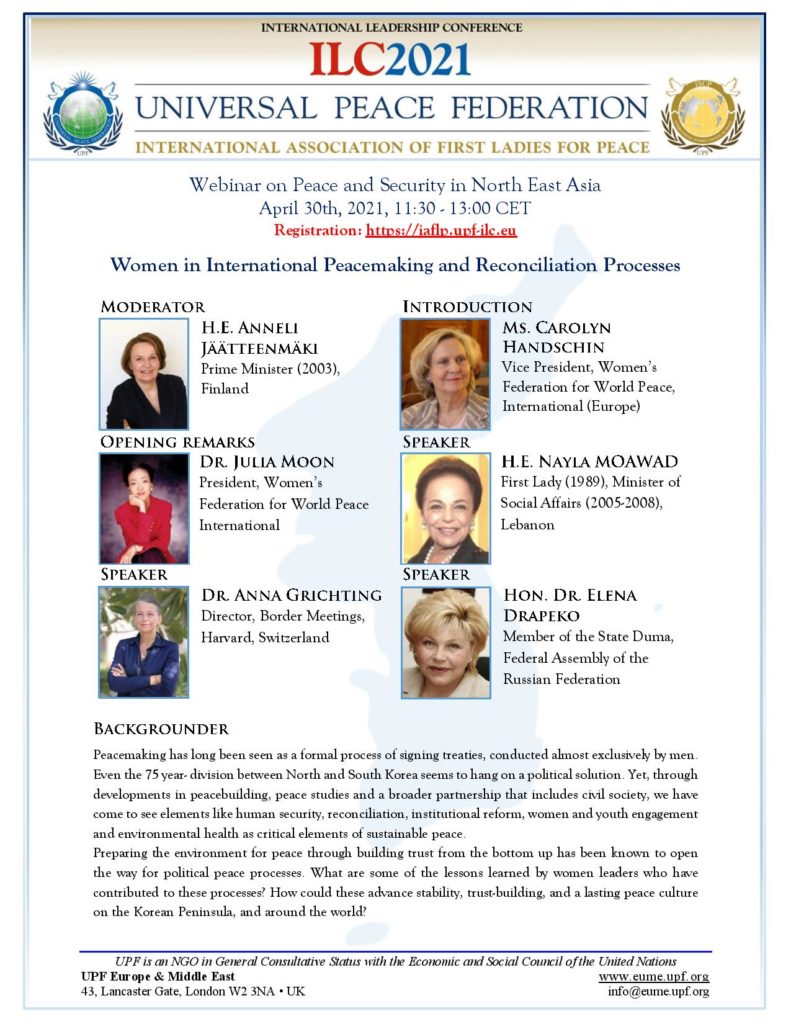 « les femmes dans les processus internationaux de paix et de réconciliation- Fédération des Femmes pour la Paix Mondiale